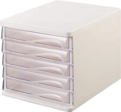 Zásuvkový box na dokumenty, plast, 5 zásuviek, HELIT, biely/priehľadný