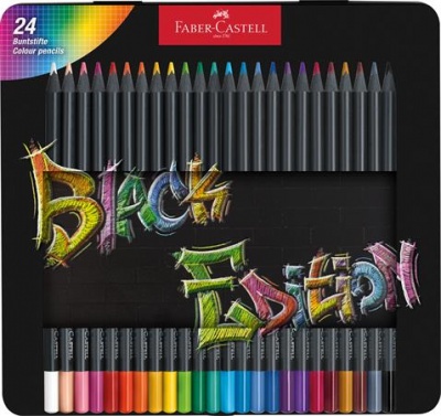 Farebné ceruzky, sada, trojhranné, v plechovej krabičke, FABER-CASTELL "Black Edition", 24 rôznych farieb