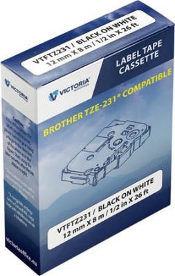 Páska do štítkovača 12 mm x 8 m, kompatibilta: BROTHER TZE-231, VICTORIA TECHNOLOGY, biela-čierna